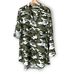 ANTHROPOLOGIE STANDARD GRACE Popover Camo Mini Dress / Tunic Roll Tab Sleeves XL